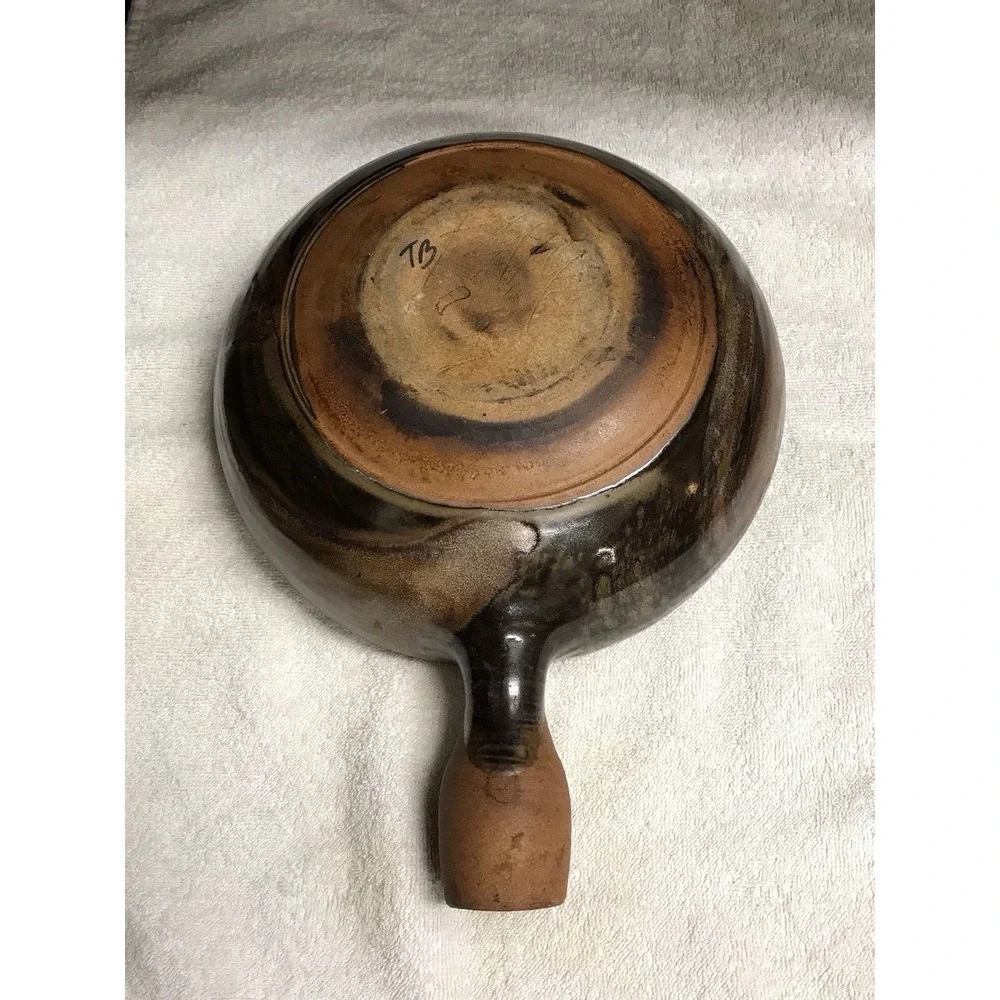 Stoneware Pottery Glazed Pot Bowl‎ with Handle Brown Tan Swirl